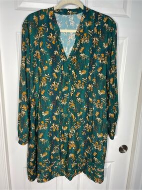 Peruvian Connection Orla Dress Large Green Floral Long Sleeve V Neck Pleated